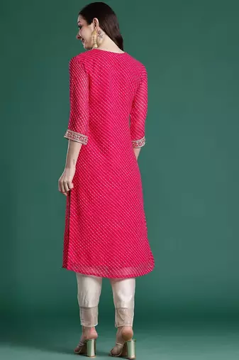 Magenta leheriya printed mirror work chiffon kurta