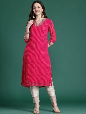 Magenta leheriya printed mirror work chiffon kurta 5