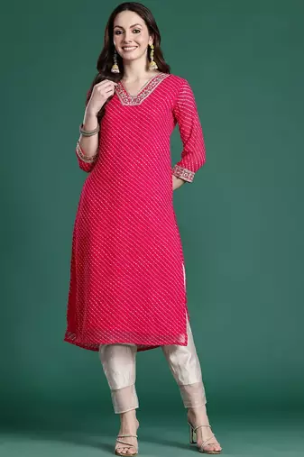 Magenta leheriya printed mirror work chiffon kurta