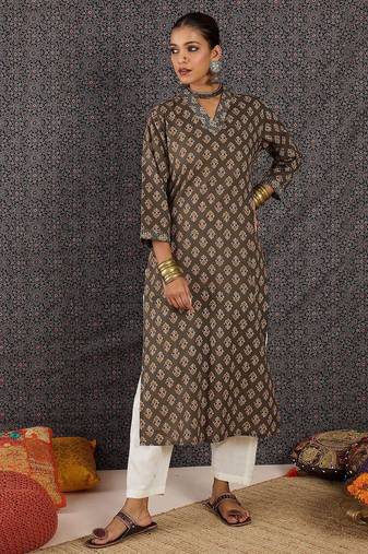Grey women ethnic motifs printed sequinned kurta