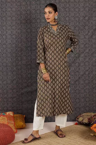 Grey women ethnic motifs printed sequinned kurta