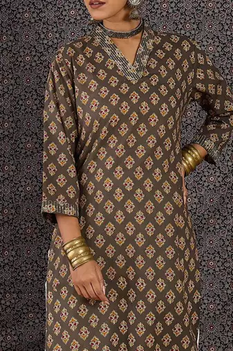 Grey women ethnic motifs printed sequinned kurta