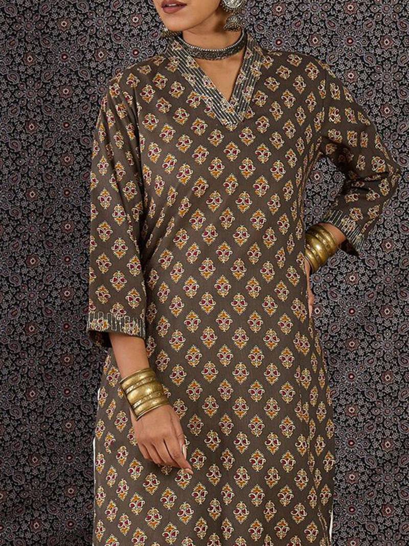 Grey women ethnic motifs printed sequinned kurta
