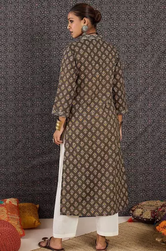 Grey women ethnic motifs printed sequinned kurta