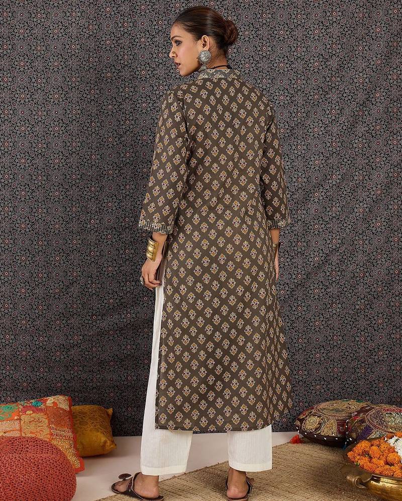 Grey women ethnic motifs printed sequinned kurta