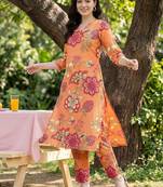 Orange women floral printed regular kurta with trousers