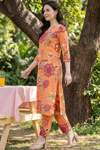 Orange women floral printed regular kurta with trousers