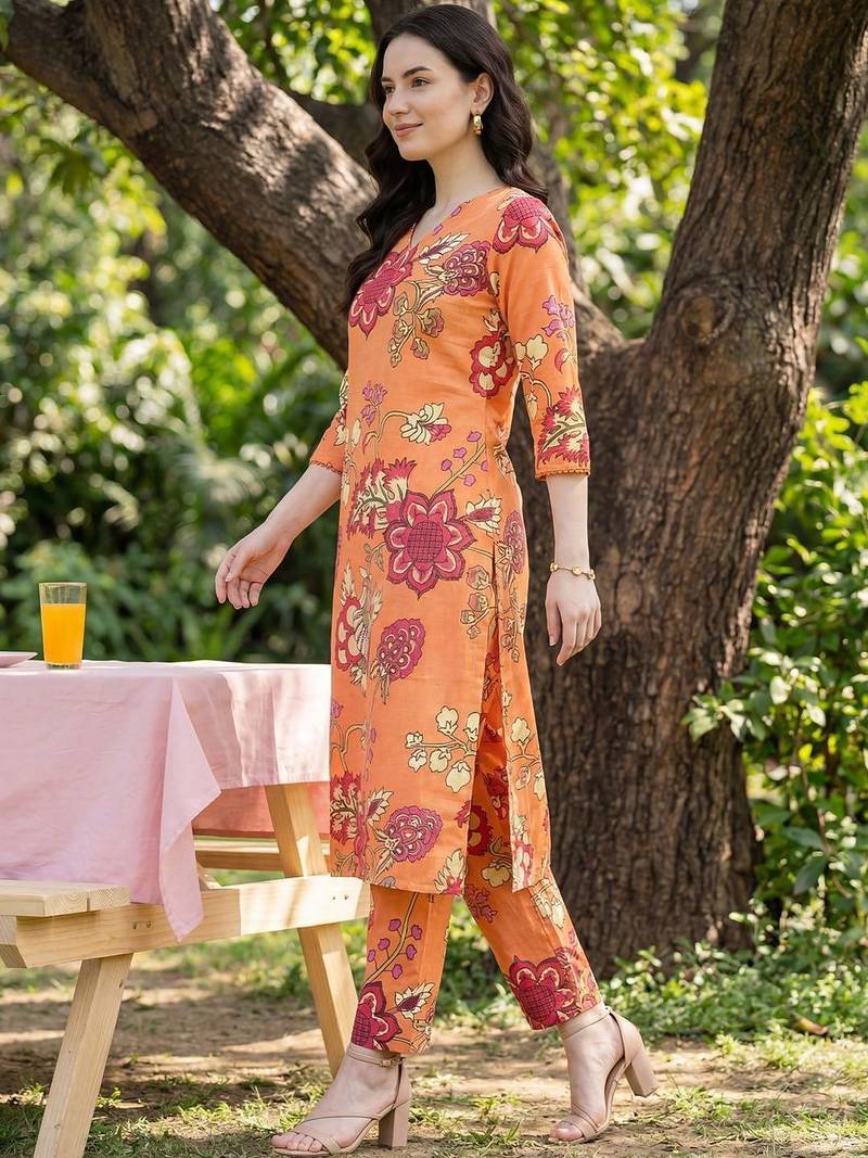 Orange women floral printed regular kurta with trousers