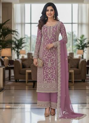 Purple color girlie butterfly net ceremonial salwar kameez for glamorous looks 2