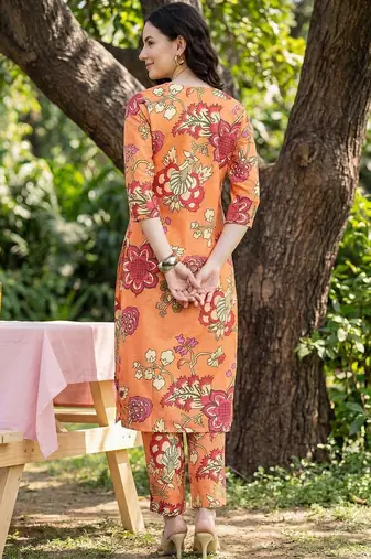 Orange women floral printed regular kurta with trousers