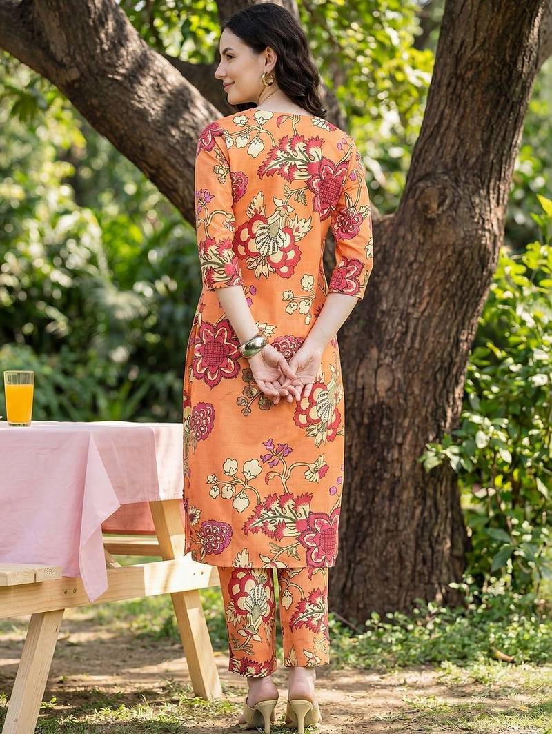 Orange women floral printed regular kurta with trousers