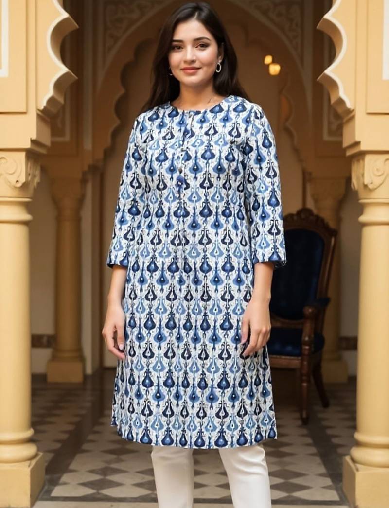 Blue women ethnic motifs printed straight kurta