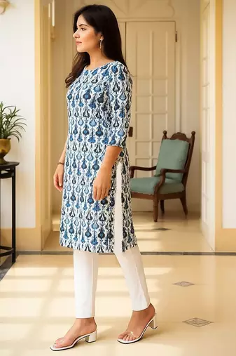 Blue women ethnic motifs printed straight kurta