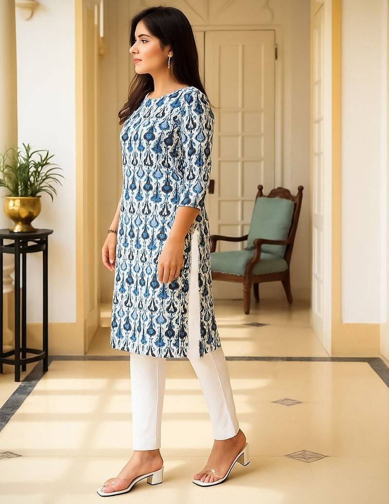 Blue women ethnic motifs printed straight kurta
