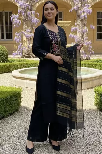 Black ethnic motifs embroidered thread work pure cotton kurta with palazzos & dupatta