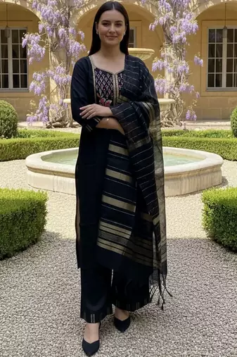 Black ethnic motifs embroidered thread work pure cotton kurta with palazzos & dupatta
