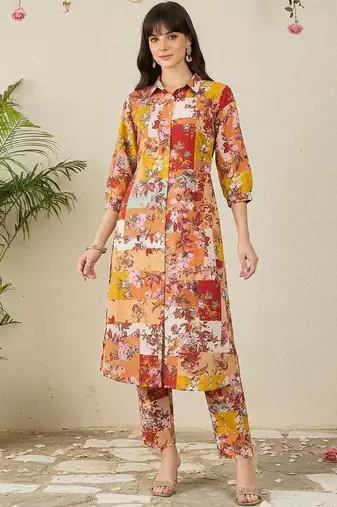 Multicolor women floral printed regular pure cotton kurta with trousers