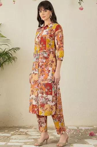 Multicolor women floral printed regular pure cotton kurta with trousers