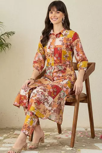 Multicolor women floral printed regular pure cotton kurta with trousers
