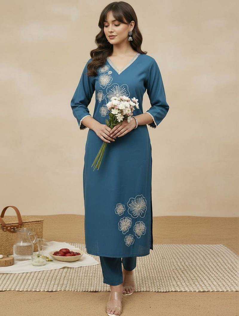 Blue women floral embroidered regular thread work kurta with trousers