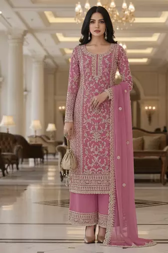 Pink color girlie butterfly net ceremonial salwar kameez for glamorous looks