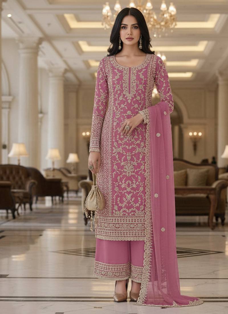 Pink color girlie butterfly net ceremonial salwar kameez for glamorous looks