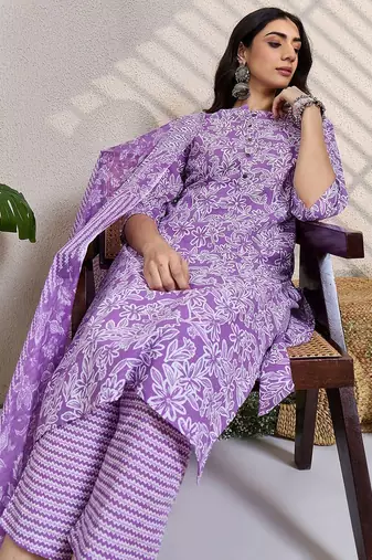 Purple women floral printed regular pure cotton kurta with trousers & with dupatta