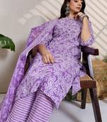 Purple women floral printed regular pure cotton kurta with trousers & with dupatta