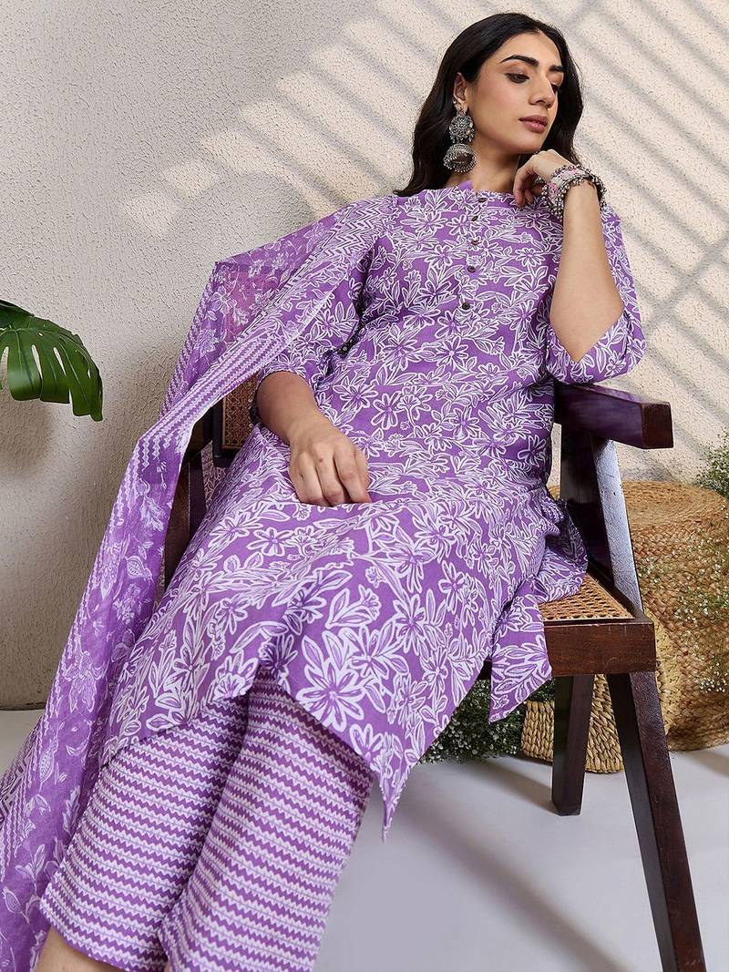 Purple women floral printed regular pure cotton kurta with trousers & with dupatta