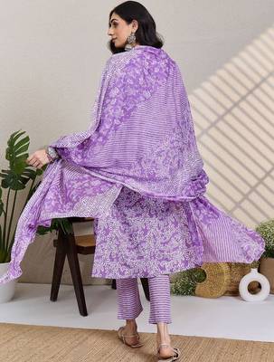 Purple women floral printed cotton kurta with trousers & with dupatta 5