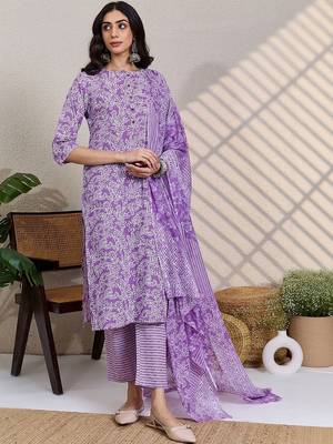 Purple women floral printed cotton kurta with trousers & with dupatta 1