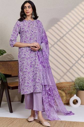 Purple women floral printed regular pure cotton kurta with trousers & with dupatta