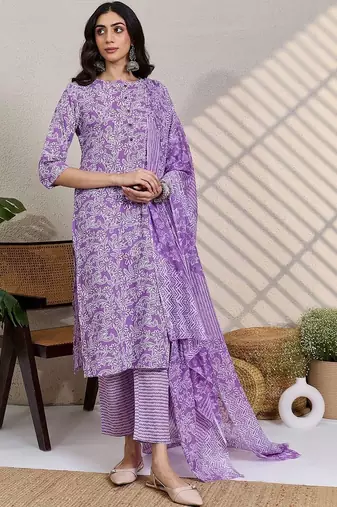 Purple women floral printed regular pure cotton kurta with trousers & with dupatta