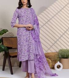 Purple women floral printed cotton kurta with trousers & with dupatta