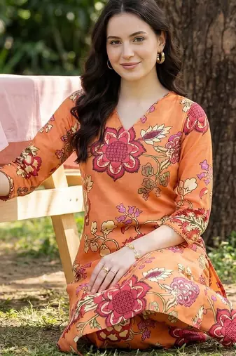 Orange women floral printed regular kurta with trousers