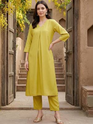 Lime green women pleated kurta with trousers 1