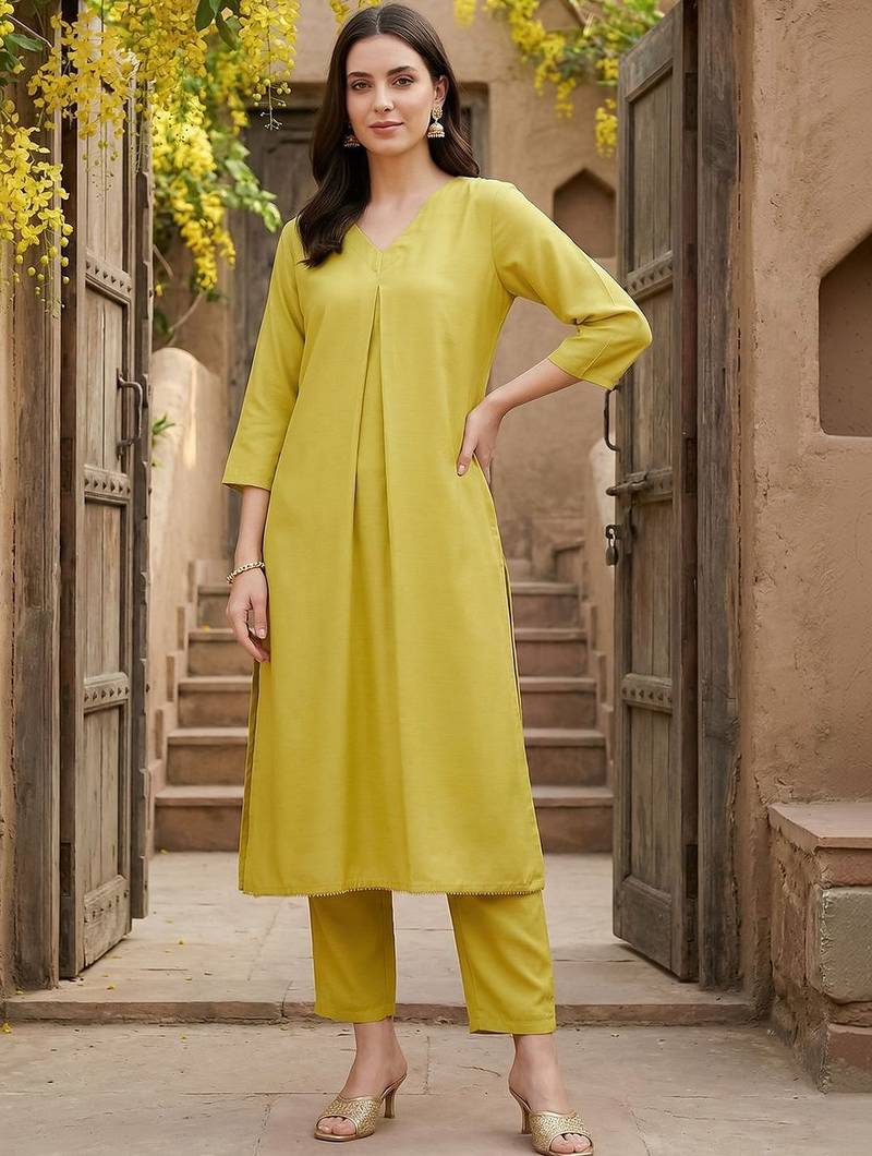 Lime green women pleated kurta with trousers
