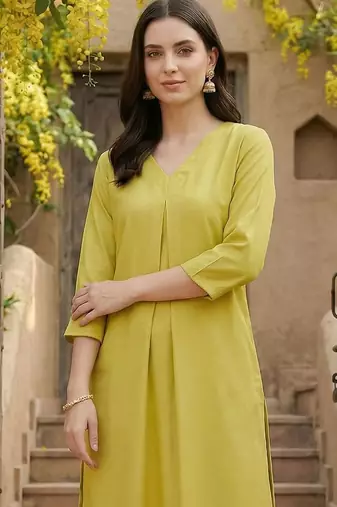 Lime green women pleated kurta with trousers