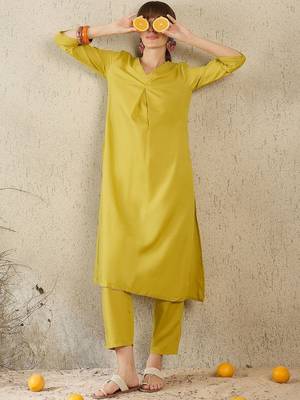 Lime green women pleated kurta with trousers 3