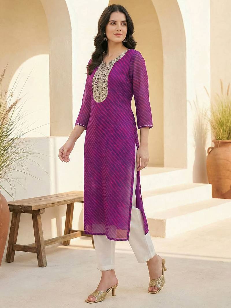 Purple women leheriya printed sequinned georgette kurta