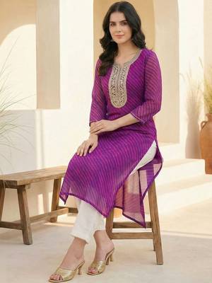 Purple women leheriya printed sequinned georgette kurta 5