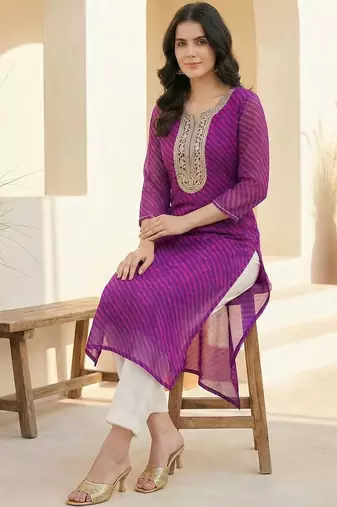 Purple women leheriya printed sequinned georgette kurta