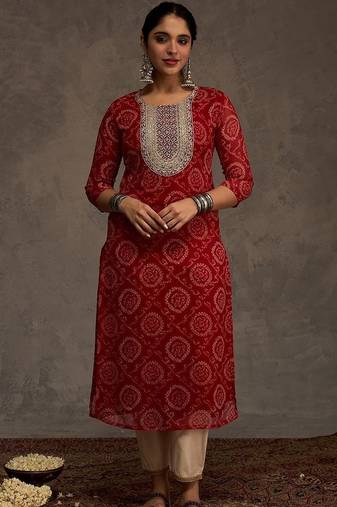 Red women bandhani printed mirror work georgette kurta