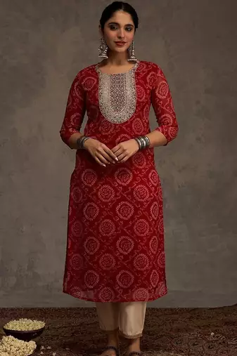 Red women bandhani printed mirror work georgette kurta