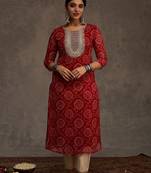 Red women bandhani printed mirror work georgette kurta