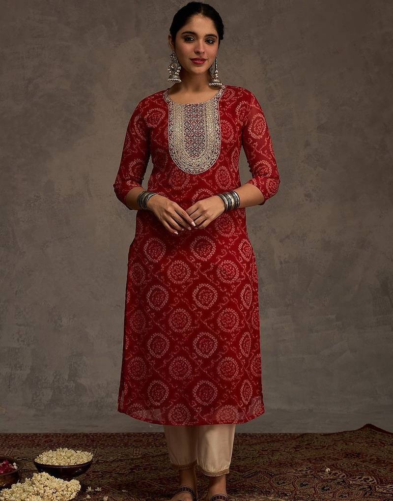 Red women bandhani printed mirror work georgette kurta