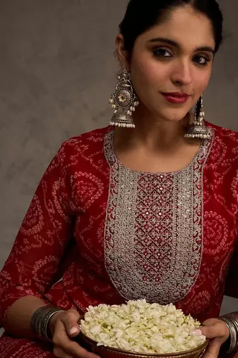 Red women bandhani printed mirror work georgette kurta