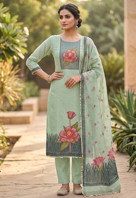 Green color banarasi cotton fabric ethnic partywear salwar kameez 1