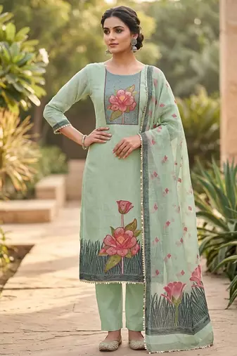 Green color banarasi cotton fabric ethnic partywear salwar kameez