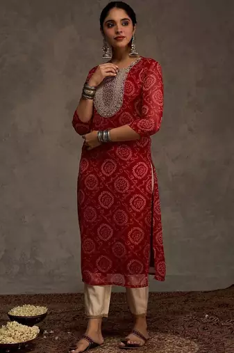 Red women bandhani printed mirror work georgette kurta